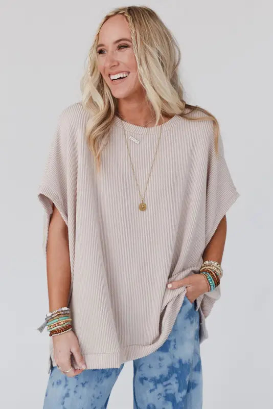 Apricot ribbed knit batwing sleeve tunic oversized t shirt - t-shirts