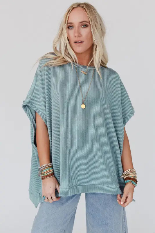 Apricot ribbed knit batwing sleeve tunic oversized t shirt - t-shirts