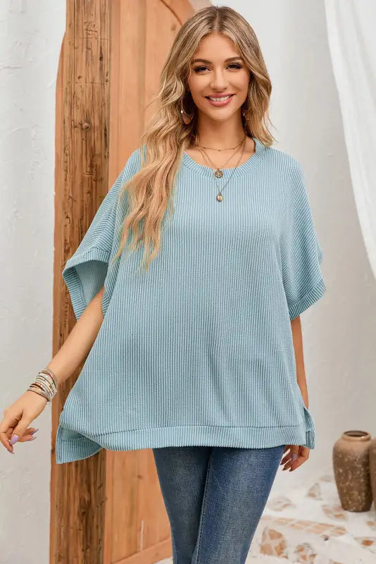 Apricot ribbed knit batwing sleeve tunic oversized t shirt - t-shirts