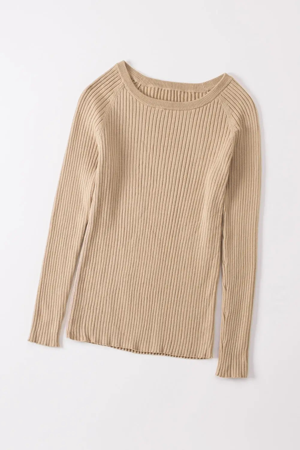 Apricot ribbed knit round neck sweater - tops