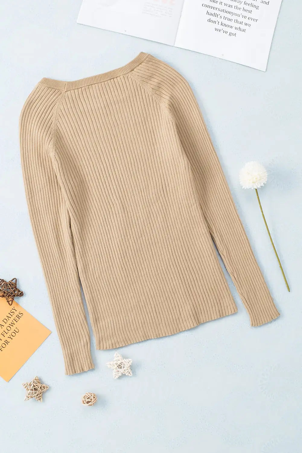 Apricot ribbed knit round neck sweater - tops