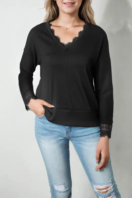 Apricot ribbed texture lace trim v neck long sleeve top - tops