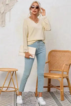 Apricot Ribbed Texture Lace Trim V Neck Long Sleeve Top - Fashionfitz