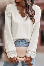 Apricot Ribbed Texture Lace Trim V Neck Long Sleeve Top - Fashionfitz