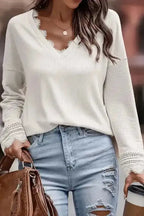 Apricot Ribbed Texture Lace Trim V Neck Long Sleeve Top - Fashionfitz