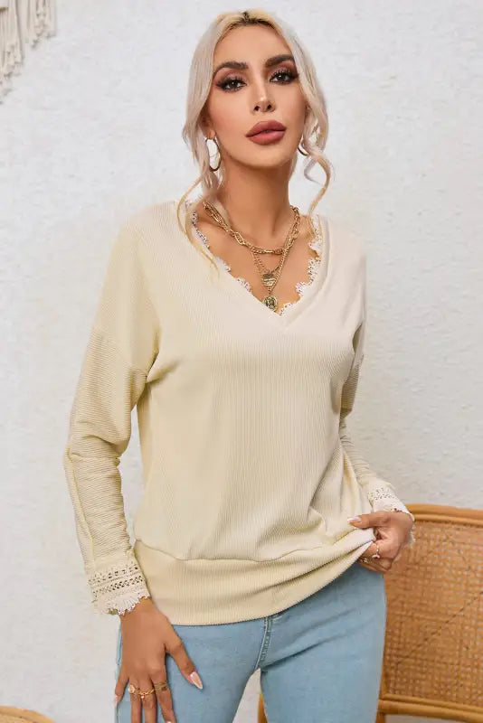 Apricot ribbed texture lace trim v neck long sleeve top - tops