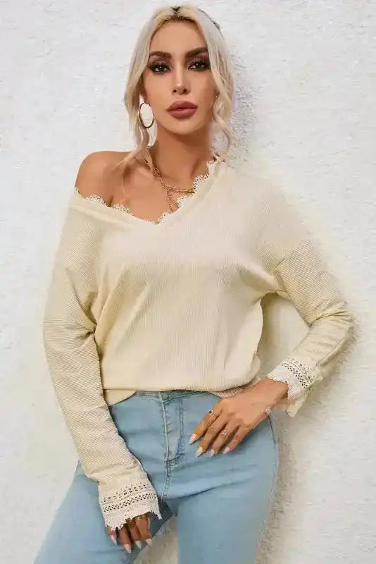 Apricot Ribbed Texture Lace Trim V Neck Long Sleeve Top - Fashionfitz