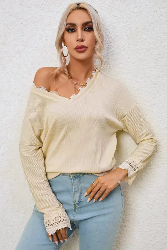 Apricot ribbed texture lace trim v neck long sleeve top - tops