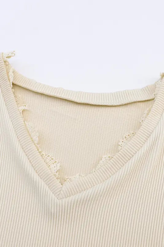 Apricot ribbed texture lace trim v neck long sleeve top - tops