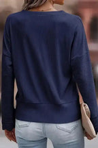 Apricot Ribbed Texture Lace Trim V Neck Long Sleeve Top - Fashionfitz