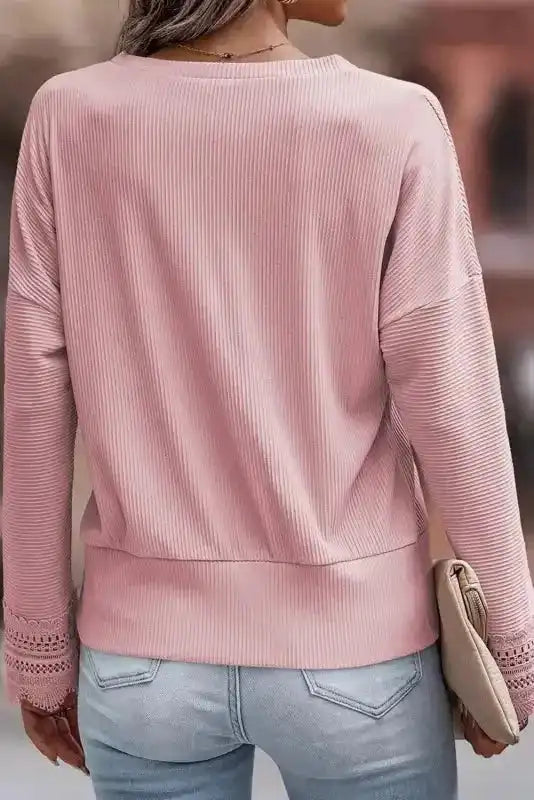 Apricot Ribbed Texture Lace Trim V Neck Long Sleeve Top - Fashionfitz