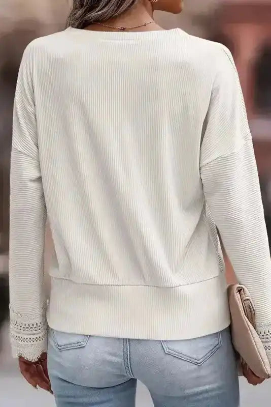 Apricot Ribbed Texture Lace Trim V Neck Long Sleeve Top - Fashionfitz