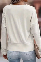 Apricot Ribbed Texture Lace Trim V Neck Long Sleeve Top - Fashionfitz