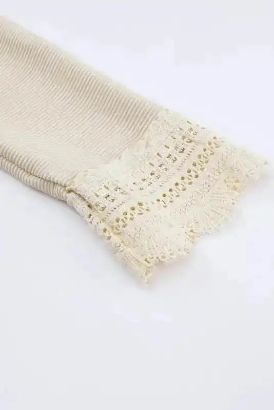 Apricot Ribbed Texture Lace Trim V Neck Long Sleeve Top - Fashionfitz