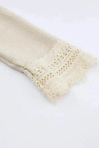 Apricot Ribbed Texture Lace Trim V Neck Long Sleeve Top - Fashionfitz