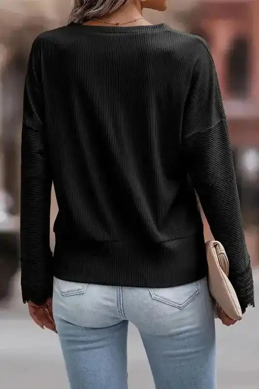 Apricot Ribbed Texture Lace Trim V Neck Long Sleeve Top - Fashionfitz