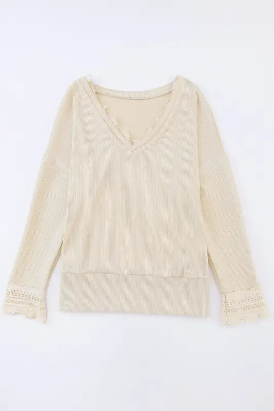 Apricot ribbed texture lace trim v neck long sleeve top - tops