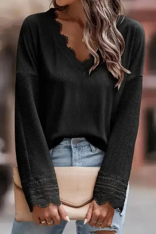 Apricot Ribbed Texture Lace Trim V Neck Long Sleeve Top - Fashionfitz