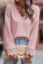 Apricot Ribbed Texture Lace Trim V Neck Long Sleeve Top - Fashionfitz