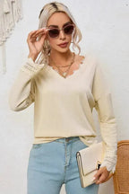 Apricot Ribbed Texture Lace Trim V Neck Long Sleeve Top - Fashionfitz