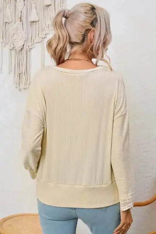 Apricot Ribbed Texture Lace Trim V Neck Long Sleeve Top - Fashionfitz