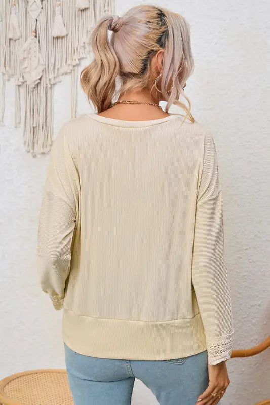 Apricot ribbed texture lace trim v neck long sleeve top - tops