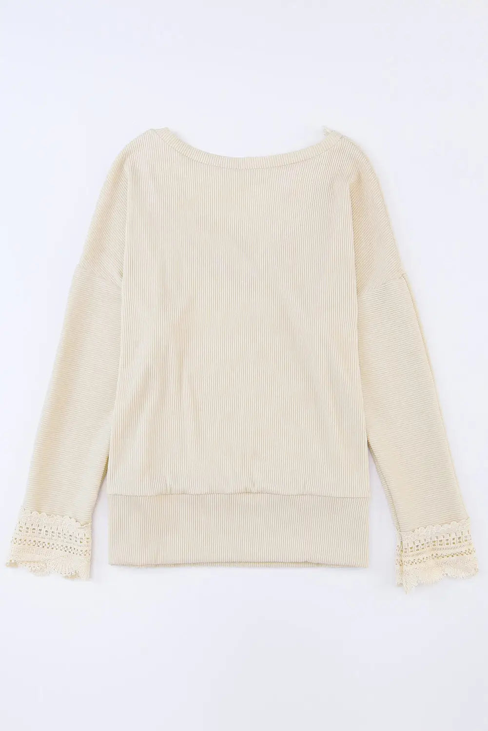 Apricot ribbed texture lace trim v neck long sleeve top - tops