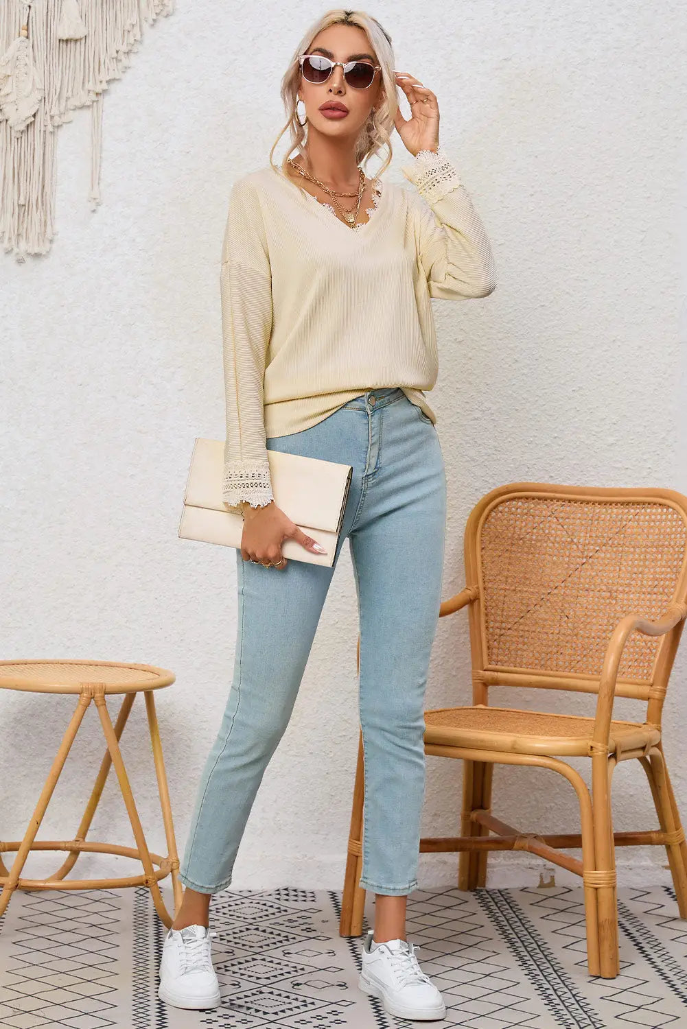 Apricot ribbed texture lace trim v neck long sleeve top -