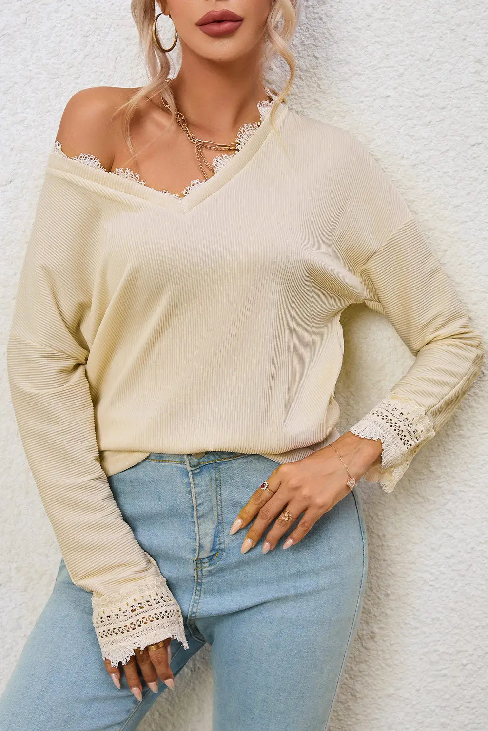 Apricot ribbed texture lace trim v neck long sleeve top -