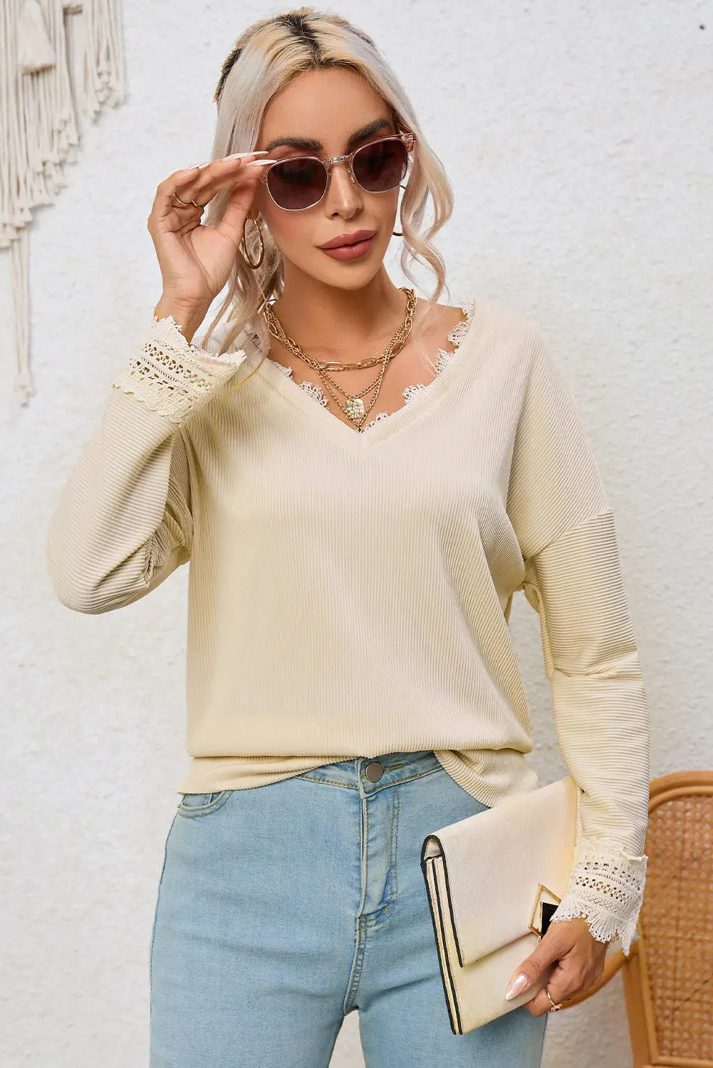 Apricot ribbed texture lace trim v neck long sleeve top - tops