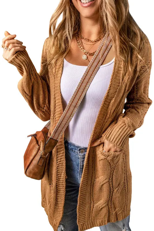 Apricot ribbed trim eyelet cable knit cardigan - cardigans