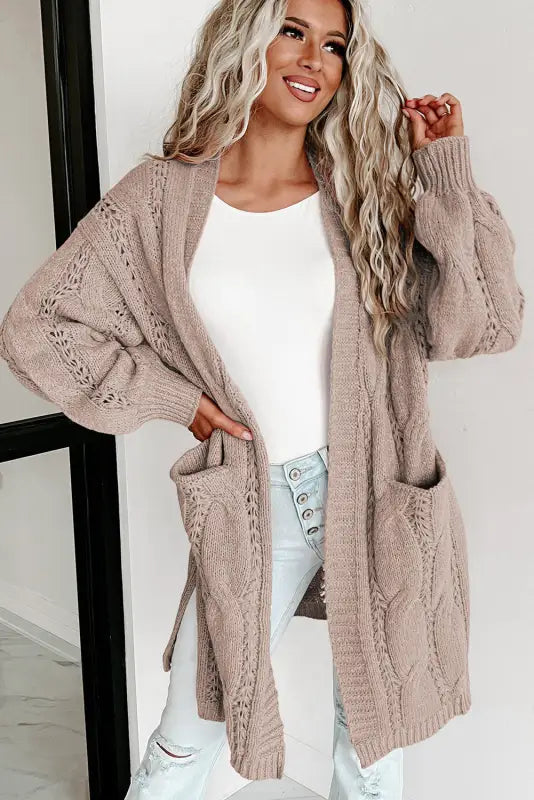 Apricot ribbed trim eyelet cable knit cardigan - cardigans