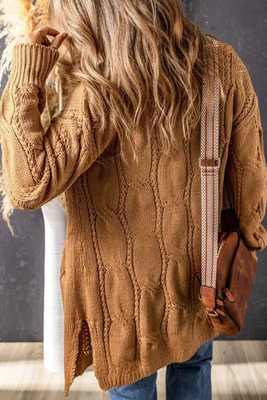 Apricot ribbed trim eyelet cable knit cardigan - cardigans