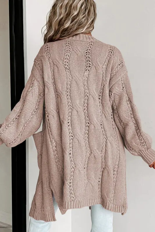 Apricot ribbed trim eyelet cable knit cardigan - cardigans