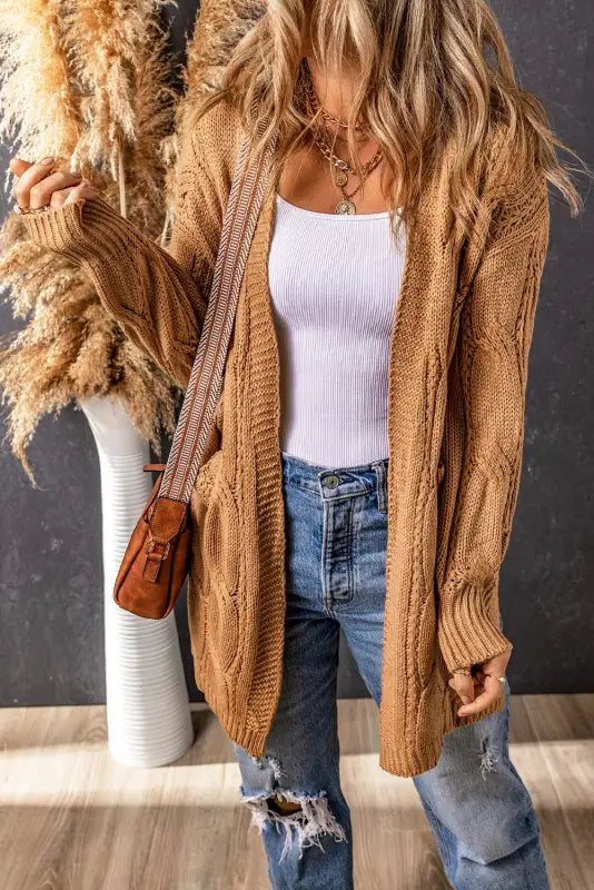 Apricot ribbed trim eyelet cable knit cardigan - cardigans