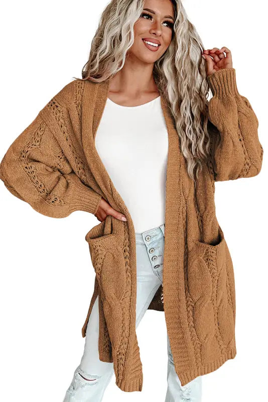 Apricot ribbed trim eyelet cable knit cardigan - cardigans