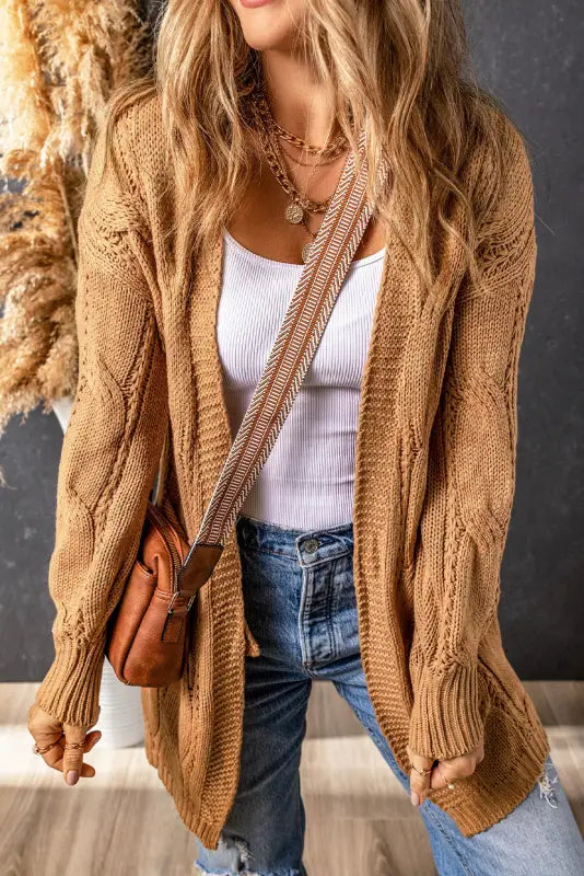 Apricot ribbed trim eyelet cable knit cardigan - cardigans