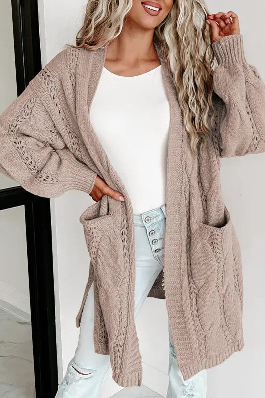 Apricot ribbed trim eyelet cable knit cardigan - s / 100% acrylic - cardigans