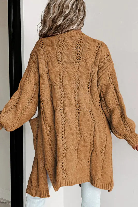 Apricot ribbed trim eyelet cable knit cardigan - cardigans