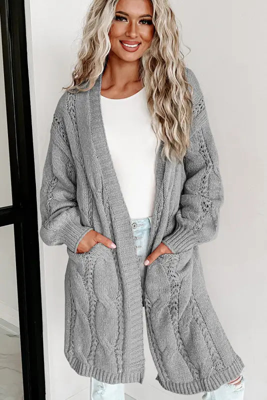 Apricot ribbed trim eyelet cable knit cardigan - cardigans