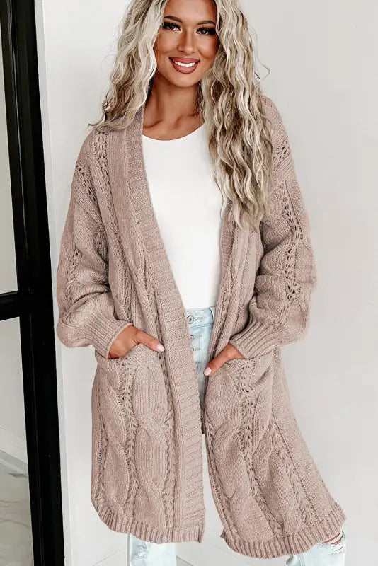 Apricot ribbed trim eyelet cable knit cardigan - cardigans