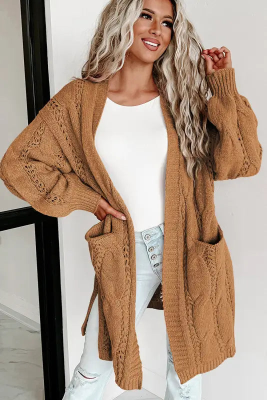 Apricot ribbed trim eyelet cable knit cardigan - cardigans