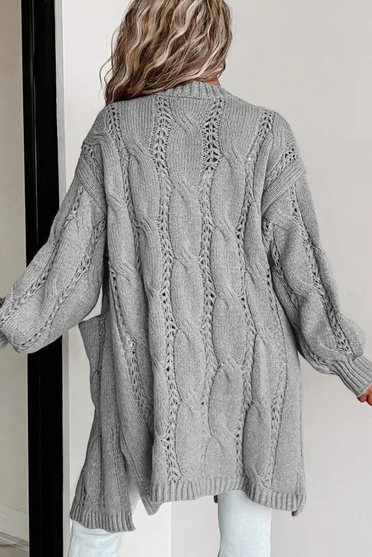 Apricot ribbed trim eyelet cable knit cardigan - cardigans