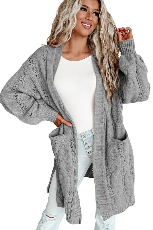 Apricot ribbed trim eyelet cable knit cardigan - cardigans