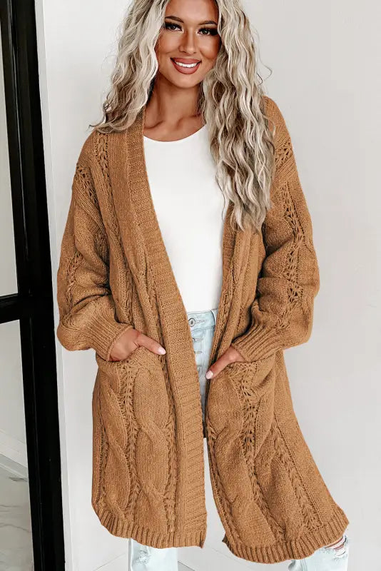 Apricot ribbed trim eyelet cable knit cardigan - cardigans