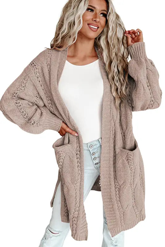 Apricot ribbed trim eyelet cable knit cardigan - cardigans