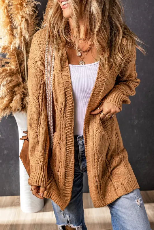 Apricot ribbed trim eyelet cable knit cardigan - cardigans