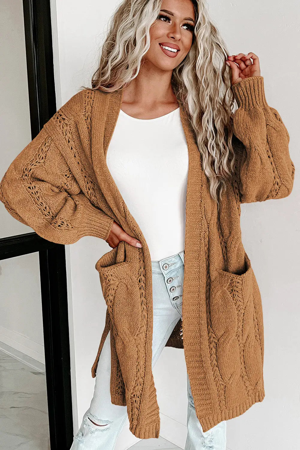 Apricot ribbed trim eyelet cable knit cardigan - tops