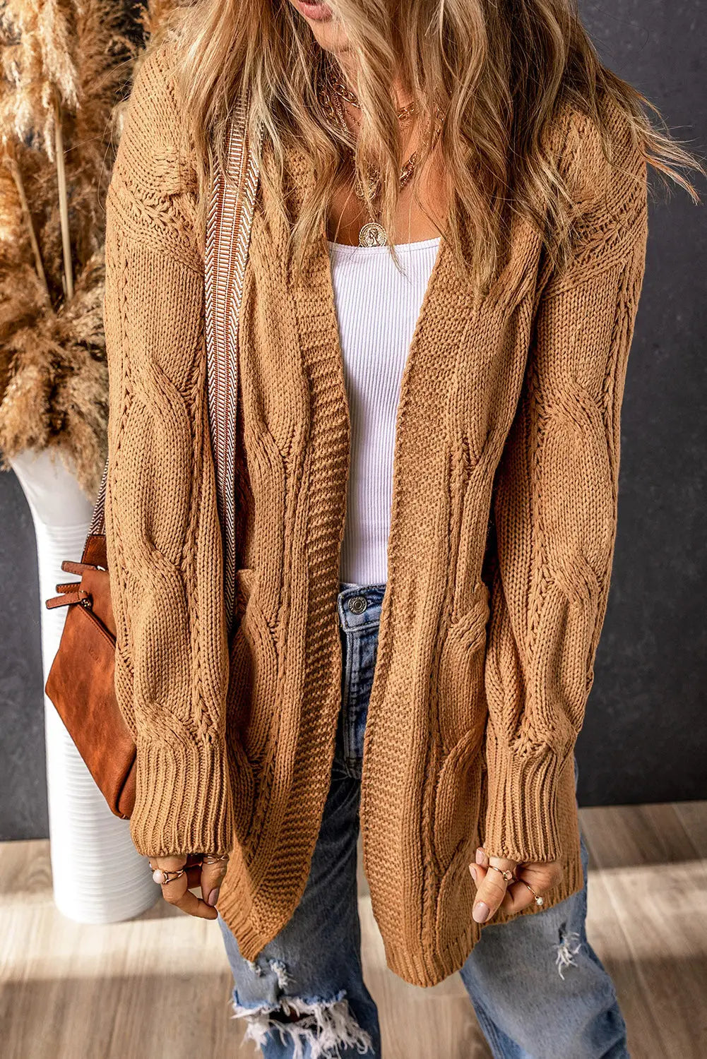 Apricot ribbed trim eyelet cable knit cardigan - tops