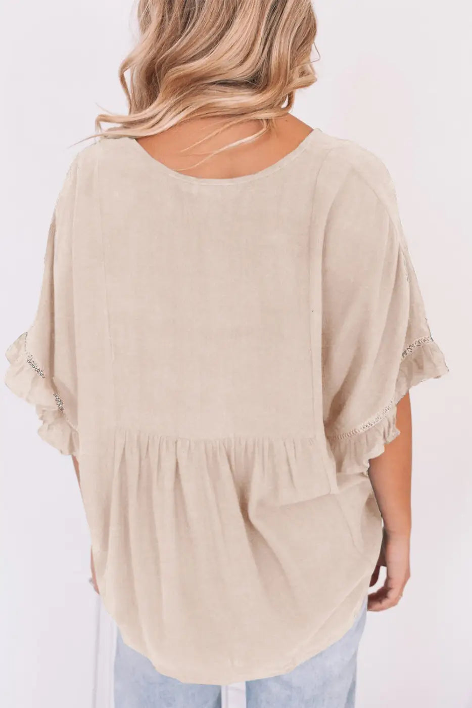 Apricot ruffled lace detail loose v neck top - t-shirts